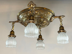 Antique Circa 1910 Large Embossed Four Light with Cast Leaf Arms and Antique Acid Etched Shades