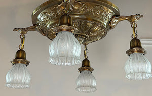 Antique Circa 1910 Large Embossed Four Light with Cast Leaf Arms and Antique Acid Etched Shades