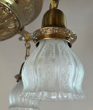 Antique Circa 1910 Large Embossed Four Light with Cast Leaf Arms and Antique Acid Etched Shades