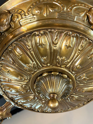 Antique Circa 1910 Large Embossed Four Light with Cast Leaf Arms and Antique Acid Etched Shades