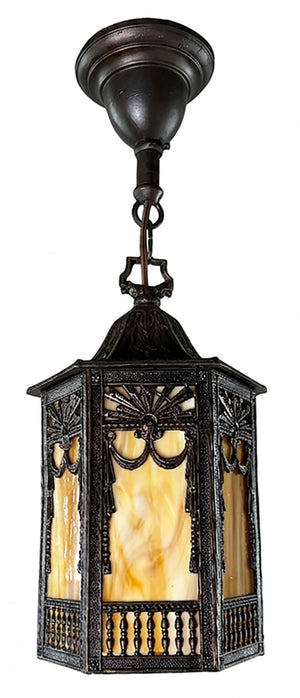 Antique Circa 1910 Edwardian Cast Lantern with Drape and Colonnade Details and Butterscotch Glass