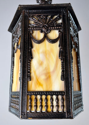 Antique Circa 1910 Edwardian Cast Lantern with Drape and Colonnade Details and Butterscotch Glass