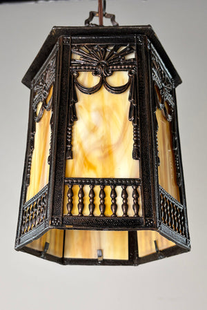 Antique Circa 1910 Edwardian Cast Lantern with Drape and Colonnade Details and Butterscotch Glass