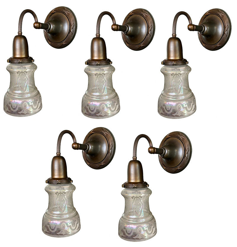 $525 EACH - SET OF 5 AVAILABLE - Circa 1910 Embossed Scroll Arm Wall Sconces with Original Finish and Antique Acid Etched Shades