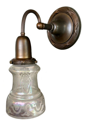$525 EACH - SET OF 5 AVAILABLE - Circa 1910 Embossed Scroll Arm Wall Sconces with Original Finish and Antique Acid Etched Shades