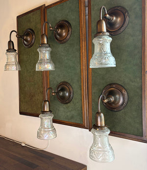 $525 EACH - SET OF 5 AVAILABLE - Circa 1910 Embossed Scroll Arm Wall Sconces with Original Finish and Antique Acid Etched Shades