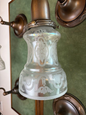 $525 EACH - SET OF 5 AVAILABLE - Circa 1910 Embossed Scroll Arm Wall Sconces with Original Finish and Antique Acid Etched Shades