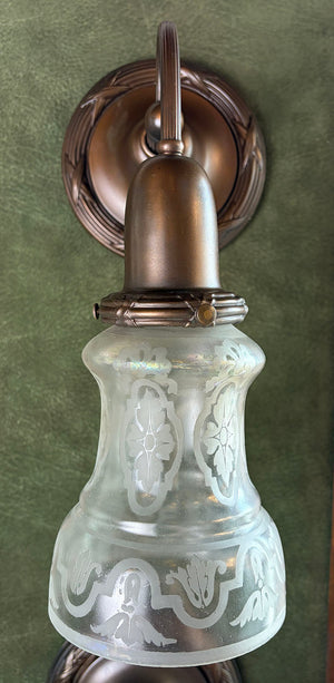 $525 EACH - SET OF 5 AVAILABLE - Circa 1910 Embossed Scroll Arm Wall Sconces with Original Finish and Antique Acid Etched Shades