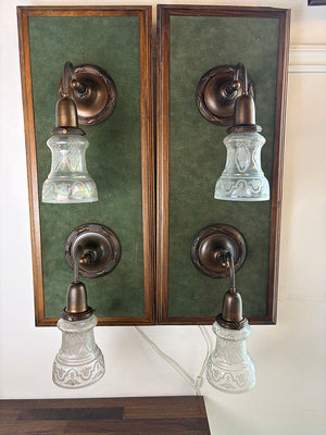 $525 EACH - SET OF 5 AVAILABLE - Circa 1910 Embossed Scroll Arm Wall Sconces with Original Finish and Antique Acid Etched Shades