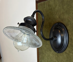 $600 PAIR - Circa 1900 Early Electric Scroll Arm Wall Sconces with Holophane Reflector Shades
