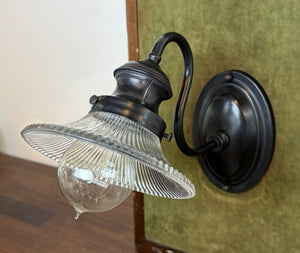 $600 PAIR - Circa 1900 Early Electric Scroll Arm Wall Sconces with Holophane Reflector Shades