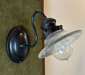 $600 PAIR - Circa 1900 Early Electric Scroll Arm Wall Sconces with Holophane Reflector Shades