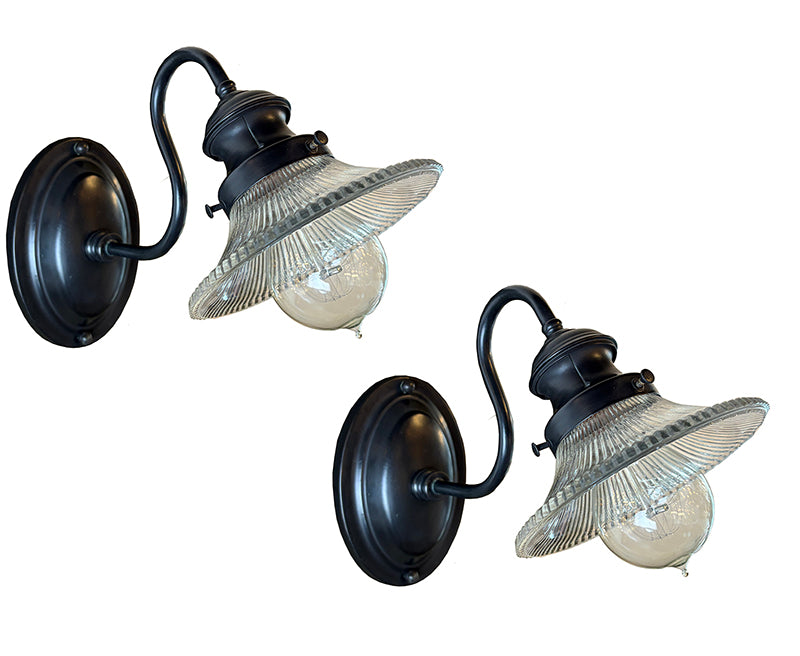 $600 PAIR - Circa 1900 Early Electric Scroll Arm Wall Sconces with Holophane Reflector Shades