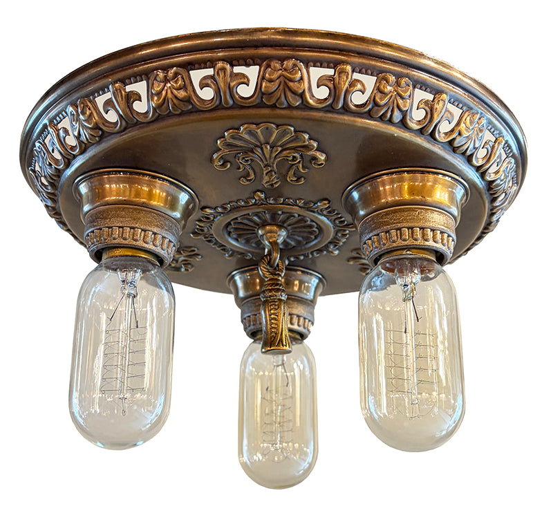 Antique Circa 1910 Three Light Embossed Openwork Flush Mount Fixture with Shell and Fleurs de Lis Details