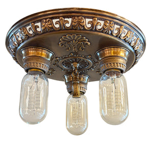 Antique Circa 1910 Three Light Embossed Openwork Flush Mount Fixture with Shell and Fleurs de Lis Details