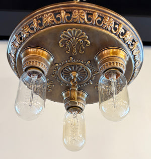 Antique Circa 1910 Three Light Embossed Openwork Flush Mount Fixture with Shell and Fleurs de Lis Details