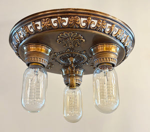 Antique Circa 1910 Three Light Embossed Openwork Flush Mount Fixture with Shell and Fleurs de Lis Details