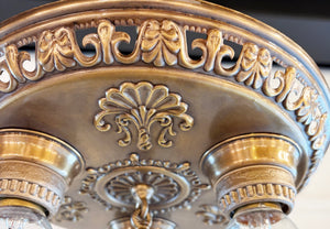 Antique Circa 1910 Three Light Embossed Openwork Flush Mount Fixture with Shell and Fleurs de Lis Details