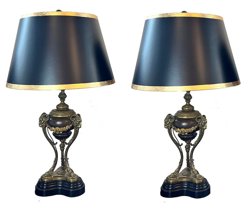 $1300 PAIR- Elegant Pair of Antique Circa 1910 French Empire Cast Bronze and Brass Table Lamps wiht Rams Heads and Black and Gold Leaf Shades