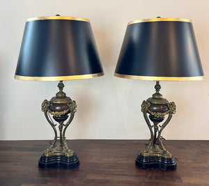 $1300 PAIR- Elegant Pair of Antique Circa 1910 French Empire Cast Bronze and Brass Table Lamps wiht Rams Heads and Black and Gold Leaf Shades