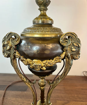 $1300 PAIR- Elegant Pair of Antique Circa 1910 French Empire Cast Bronze and Brass Table Lamps wiht Rams Heads and Black and Gold Leaf Shades