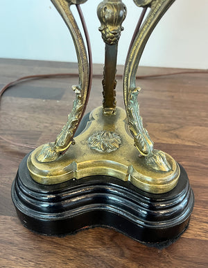 $1300 PAIR- Elegant Pair of Antique Circa 1910 French Empire Cast Bronze and Brass Table Lamps wiht Rams Heads and Black and Gold Leaf Shades