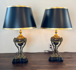 $1300 PAIR- Elegant Pair of Antique Circa 1910 French Empire Cast Bronze and Brass Table Lamps wiht Rams Heads and Black and Gold Leaf Shades