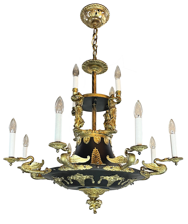 Grand Antique Circa 1910 French Empire Twelve Light Chandelier With Swans and Maidens