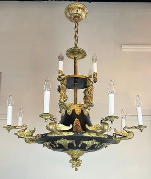 Grand Antique Circa 1910 French Empire Twelve Light Chandelier With Swans and Maidens
