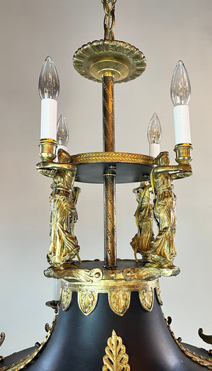 Grand Antique Circa 1910 French Empire Twelve Light Chandelier With Swans and Maidens