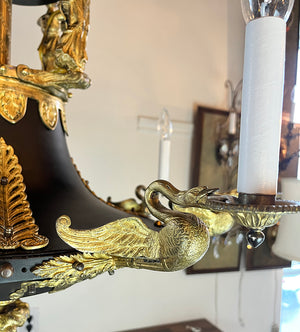 Grand Antique Circa 1910 French Empire Twelve Light Chandelier With Swans and Maidens