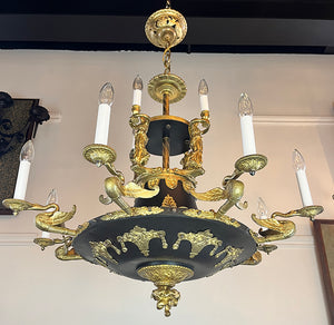 Grand Antique Circa 1910 French Empire Twelve Light Chandelier With Swans and Maidens