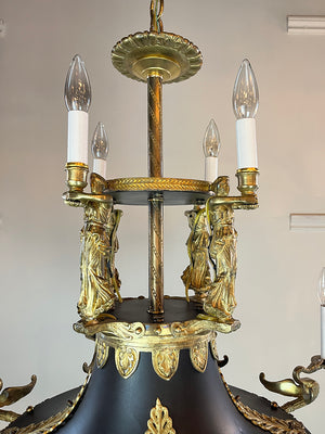 Grand Antique Circa 1910 French Empire Twelve Light Chandelier With Swans and Maidens