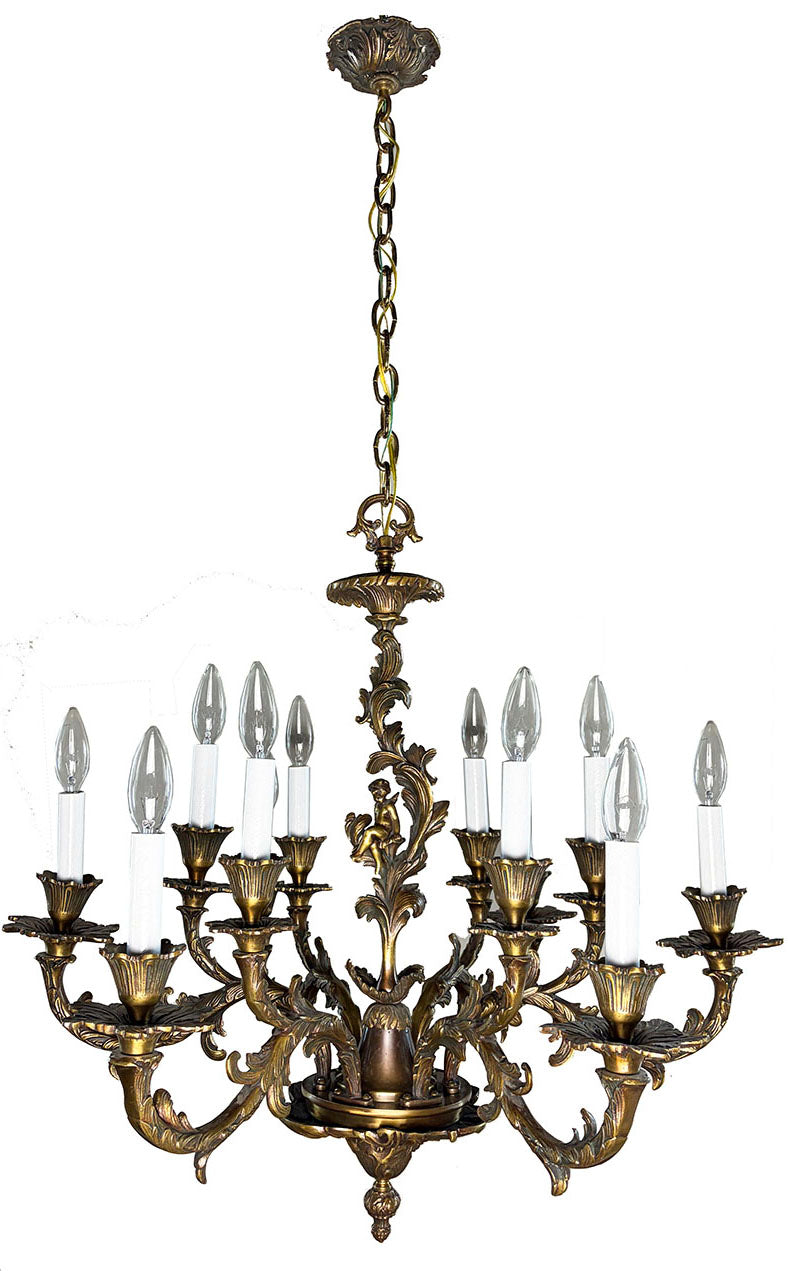 Antique Circa 1920 Ten Light European Bronze Rococo Revival Chandelier with Cast Figural Cherub