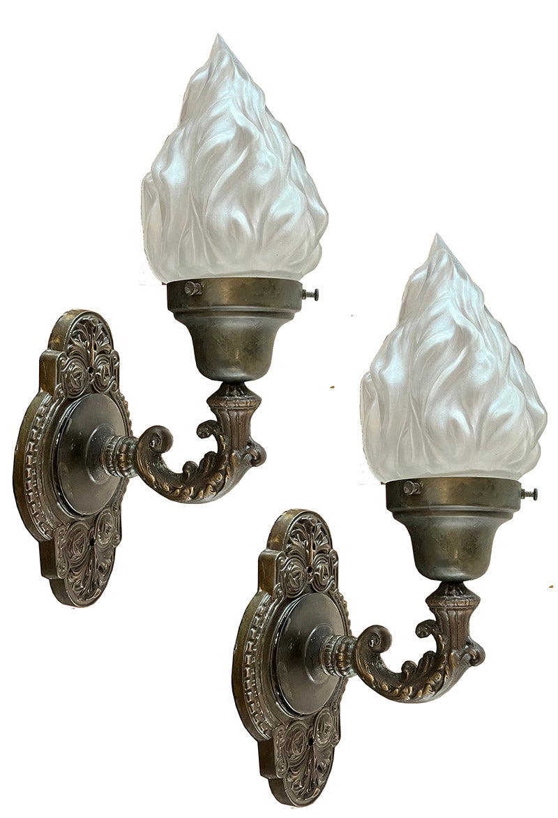 $900 PAIR - Antique Circa 1905-1910 Cast Bronze Beaux Arts Interior- Exterior Wall Sconces with Original Flame Shades