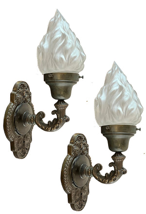 $900 PAIR - Antique Circa 1905-1910 Cast Bronze Beaux Arts Interior- Exterior Wall Sconces with Original Flame Shades