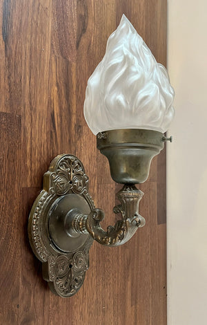 $900 PAIR - Antique Circa 1905-1910 Cast Bronze Beaux Arts Interior- Exterior Wall Sconces with Original Flame Shades