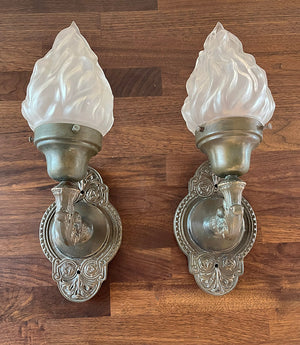$900 PAIR - Antique Circa 1905-1910 Cast Bronze Beaux Arts Interior- Exterior Wall Sconces with Original Flame Shades
