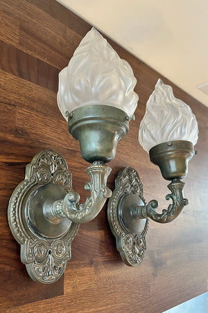$900 PAIR - Antique Circa 1905-1910 Cast Bronze Beaux Arts Interior- Exterior Wall Sconces with Original Flame Shades