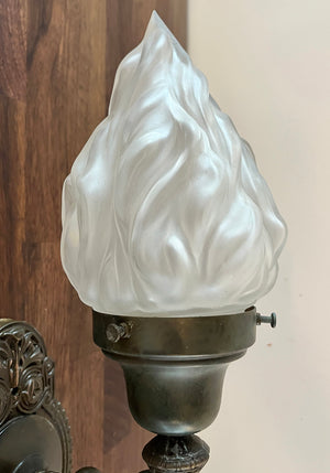 $900 PAIR - Antique Circa 1905-1910 Cast Bronze Beaux Arts Interior- Exterior Wall Sconces with Original Flame Shades
