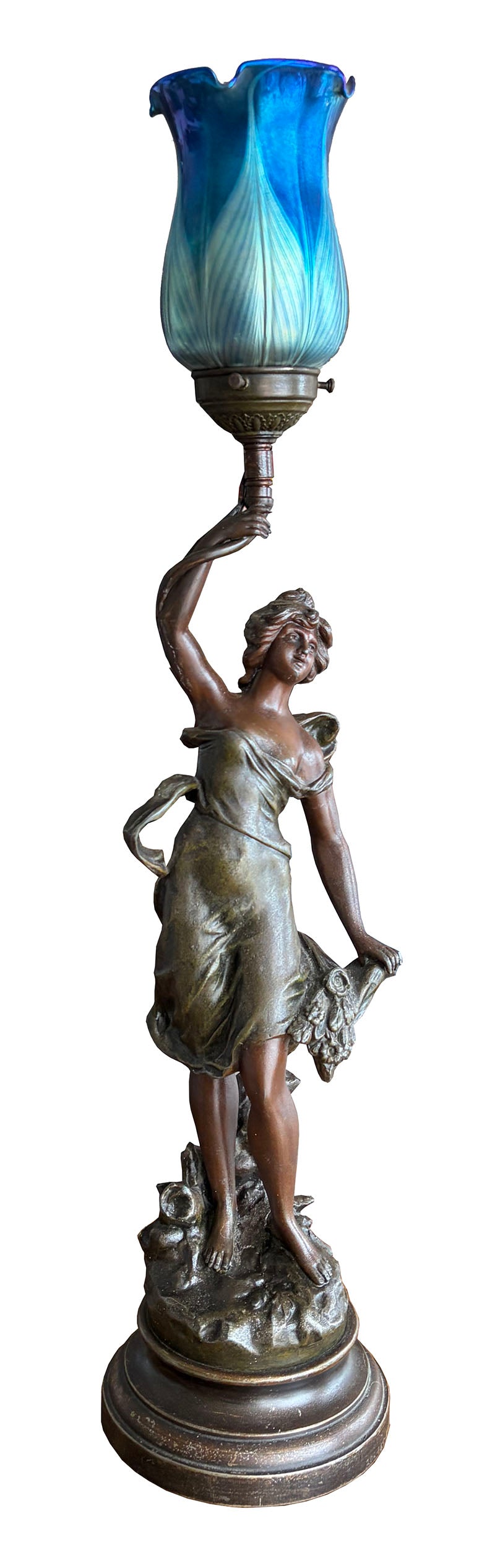 Antique 1910 Art Nouveau "Fleur D'Ete" figural lamp signed by Ang Moreau and Fitted with a Blue Aurene Pulled Feather Shade