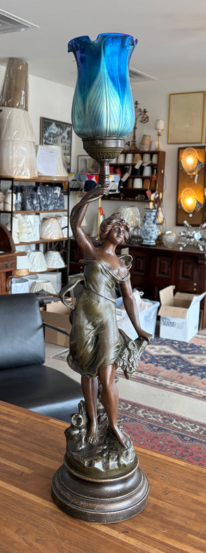 Antique 1910 Art Nouveau "Fleur D'Ete" figural lamp signed by Ang Moreau and Fitted with a Blue Aurene Pulled Feather Shade