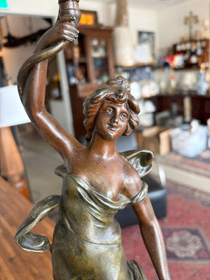 Antique 1910 Art Nouveau "Fleur D'Ete" figural lamp signed by Ang Moreau and Fitted with a Blue Aurene Pulled Feather Shade