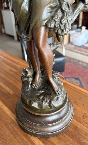 Antique 1910 Art Nouveau "Fleur D'Ete" figural lamp signed by Ang Moreau and Fitted with a Blue Aurene Pulled Feather Shade