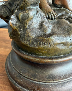 Antique 1910 Art Nouveau "Fleur D'Ete" figural lamp signed by Ang Moreau and Fitted with a Blue Aurene Pulled Feather Shade