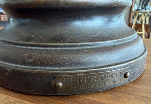 Antique 1910 Art Nouveau "Fleur D'Ete" figural lamp signed by Ang Moreau and Fitted with a Blue Aurene Pulled Feather Shade