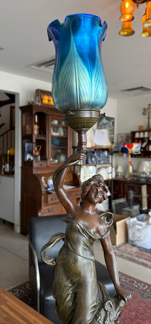 Antique 1910 Art Nouveau "Fleur D'Ete" figural lamp signed by Ang Moreau and Fitted with a Blue Aurene Pulled Feather Shade