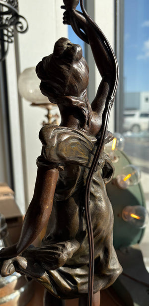 Antique 1910 Art Nouveau "Fleur D'Ete" figural lamp signed by Ang Moreau and Fitted with a Blue Aurene Pulled Feather Shade