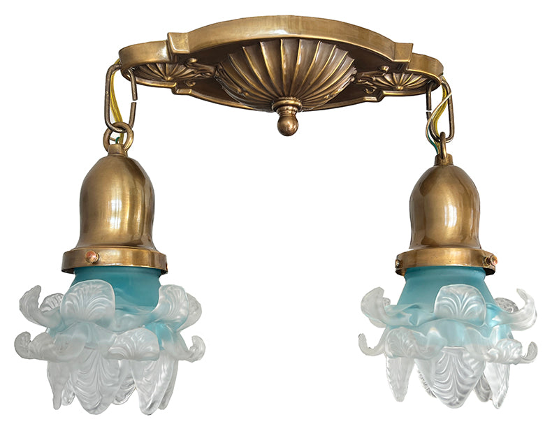 Antique Circa 1910 Edwardian Embossed Flush Mount with Antique Murano Aqua and Frost Petal Shades