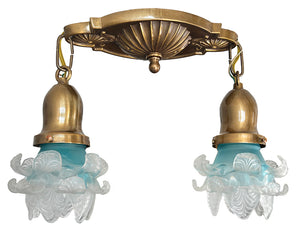 Antique Circa 1910 Edwardian Embossed Flush Mount with Antique Murano Aqua and Frost Petal Shades